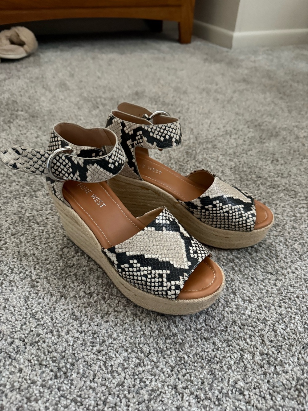 Nine West Black and White Snake Print Espadrille Wedges
